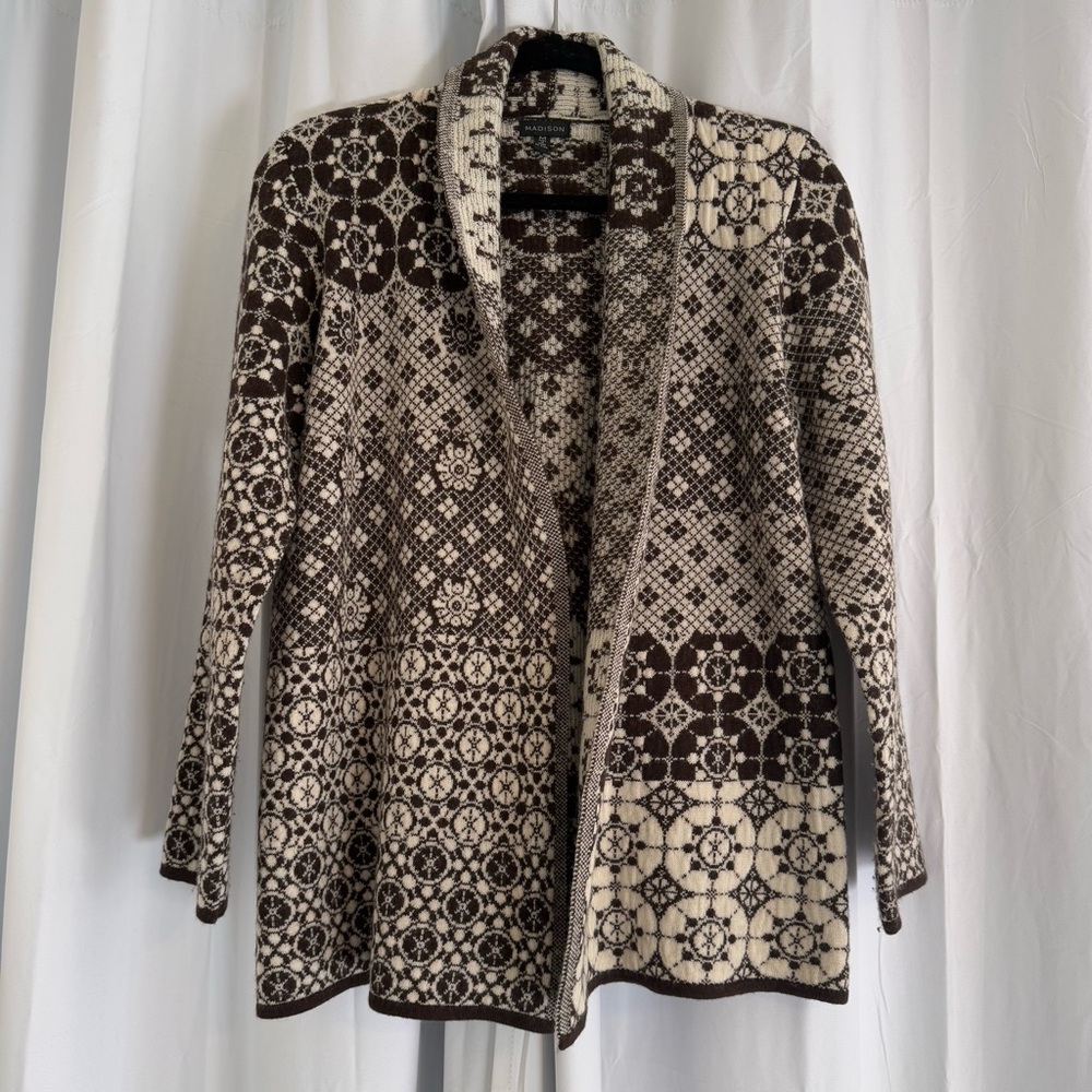100% Wool Nordic Cabin Open Cardigan Sweater Womens Medium Scandi